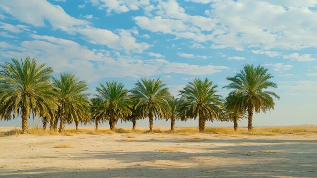 Serene desert oasis with palm trees under a blue sky dotted with fluffy clouds video