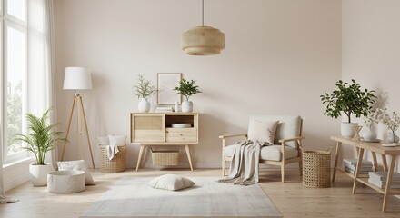 Modern Interior Design with Natural Wood Furniture and Plants in a Bright Room