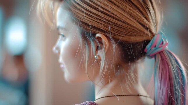 Close up shot of blonde hair in a ponytail with a colorful scrunchie and dyed pink and blue strands