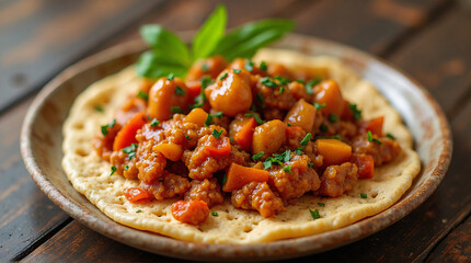 a plate of Ethiopian injera and stew
