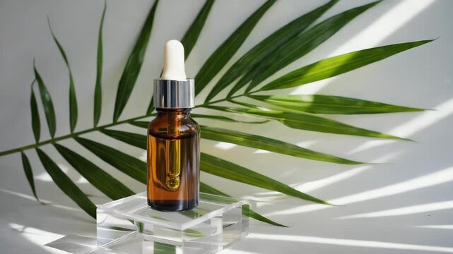 A high-resolution minimalist product scene featuring an amber glass dropper bottle with a silver cap and white rubber top, standing upright on a clear rectangular acrylic block