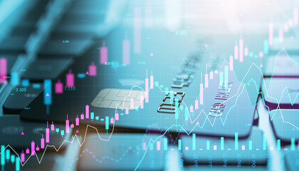 Credit card and stock market data analytics displayed on digital screen over keyboard in double exposure financial fintech concept background.