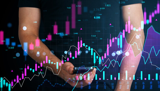 Man holding smartphone with digital stock market graphs and currency exchange data in double exposure concept on dark background.