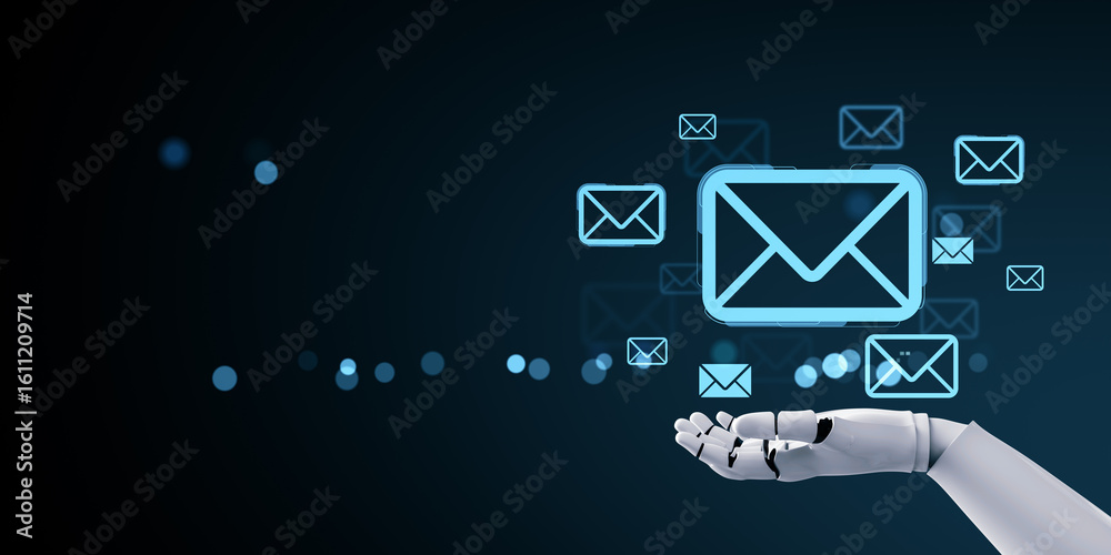 Poster robotic hand holding glowing email icons with digital envelope symbols on dark tech background repre