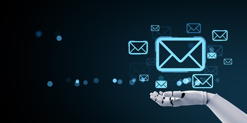 Robotic hand holding glowing email icons with digital envelope symbols on dark tech background representing AI-powered communication systems. 3D Rendering