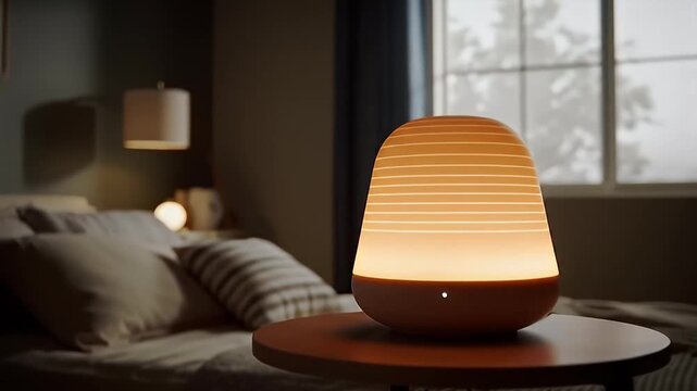 Lit bedside lamp on end table in cozy, muted bedroom scene with a window view