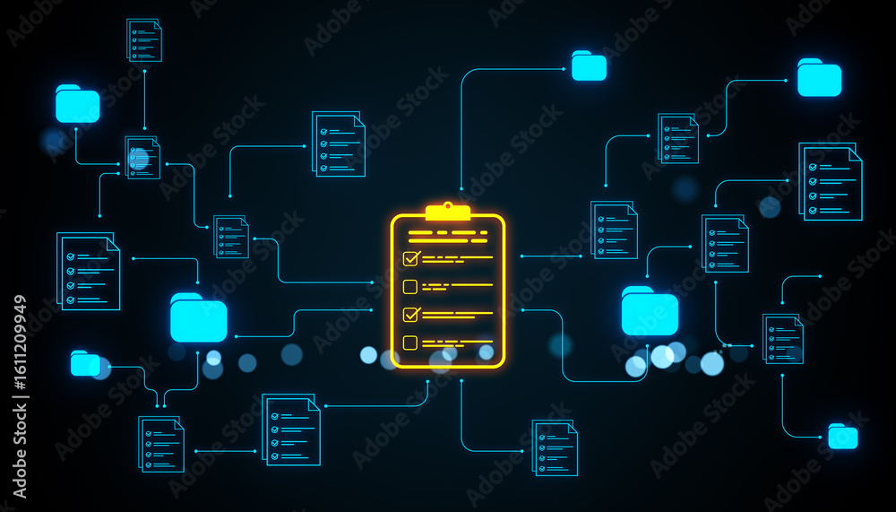 Poster online document management system with neon icons and network structure on digital background repres