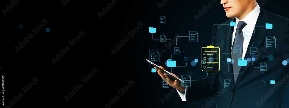 Poster businessman using smartphone with digital document management network interface on dark background r