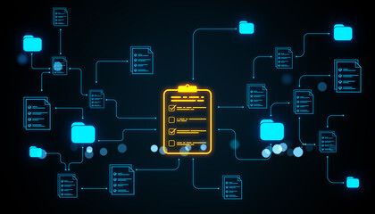Online document management system with neon icons and network structure on digital background representing data workflow and cloud service concept. 3D Rendering