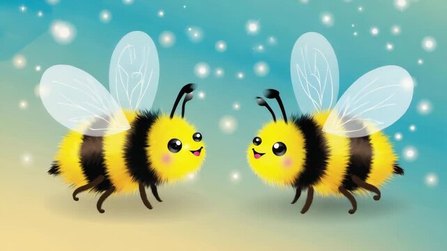 Two adorable cartoon bees with bright yellow and black stripes, rounded bodies, small smiling faces, and translucent white wings are flying side by side in a soft, dreamy atmosphere.
