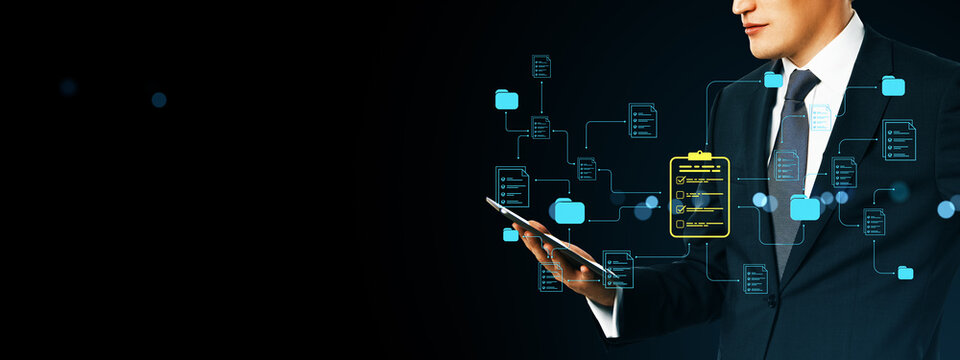 Businessman using smartphone with digital document management network interface on dark background representing cloud data structure concept.