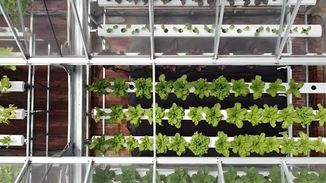 Hydroponic Green Lettuce Cultivation Under Greenhouse Roof With White Troughs and Black Dividers