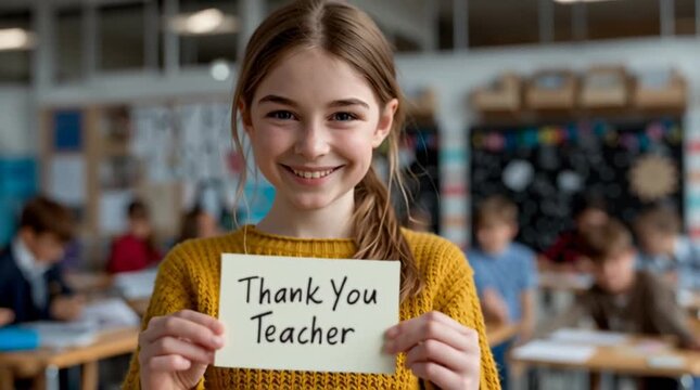 A smiling girl in a classroom holding a thank you teacher sign in front of other seated students - Powered by Adobe