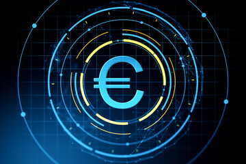 Digital euro currency symbol glowing in neon blue with circular tech design on futuristic grid background for finance and investment concepts. 3D Rendering