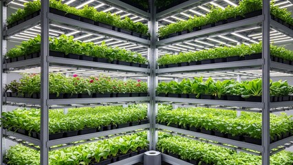This image shows multiple vertical racks filled with lush green plants growing under artificial lights, representing modern indoor farming, vertical agriculture, and sustainable food production.