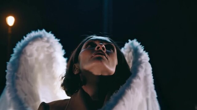 Woman in angel wings looking up at night &mdash; hope, spiritual symbolism and inner light