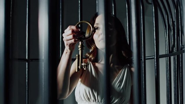 Woman holding a key inside a cage &mdash; symbol of personal liberation and inner freedom