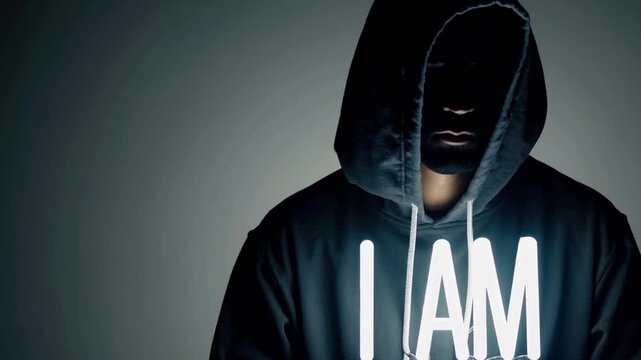 Silhouetted person in hoodie with glowing &ldquo;I AM&rdquo; text &mdash; power of self-identity and mystery
