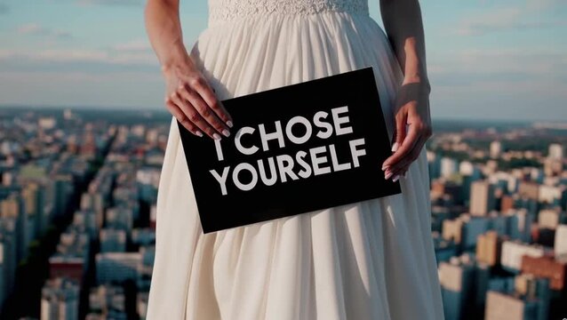 Woman holding sign &ldquo;I chose yourself&rdquo; over city skyline &mdash; empowerment and self-affirmation message