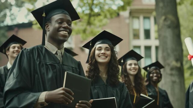 Happy graduates in caps and gowns.