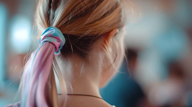 Close up shot of a blonde ponytail with a blue pink and white scrunchie on a blurred background indoors