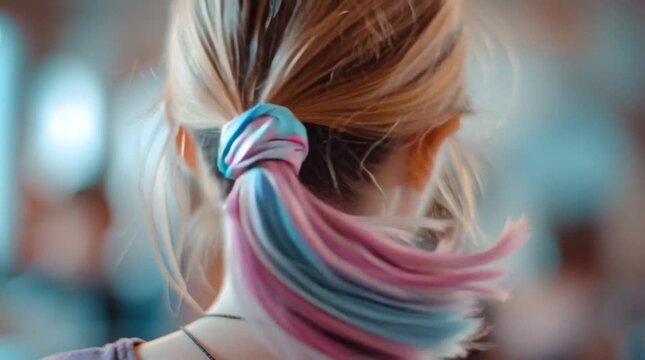 Close up of blonde hair in a ponytail with a colorful blue and pink scrunchie from the back view