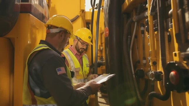 Construction workers in safety gear inspect heavy machinery components.