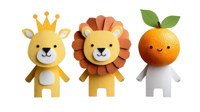 Colorful paper-crafted characters including a lion, a crown-wearing lion, and an orange figure on a white background