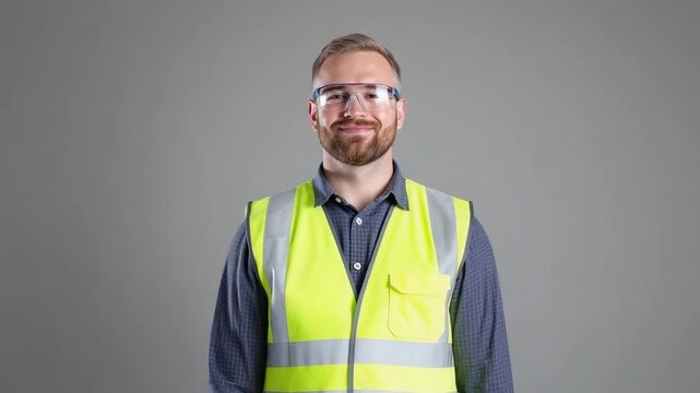Smiling construction worker in safety glasses and vest, studio portrait.
