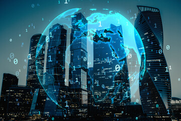 Digital globe and data network overlay on modern Moscow cityscape with skyscrapers and futuristic...