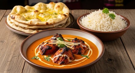 Delicious Indian Chicken Tikka Masala, Naan Bread, and Basmati Rice on a Wooden Table