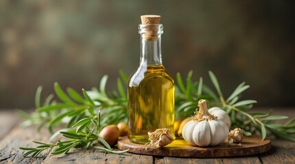 a bottle of olive oil with herbs and garlic