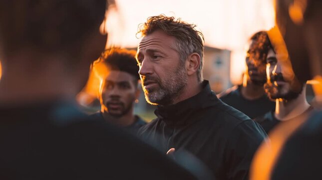 Man coaching team with hand gestures during sunset outdoors in a huddle with other players around him