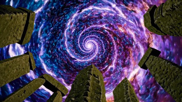 Ancient stone structure viewed from below with vivid galactic spiral vortex in night sky, surreal mix of architecture and cosmic fantasy