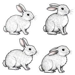 Set of Rabbit Sketches: Black and White Hand-Drawn Illustrations of Rabbits on Transparent Background