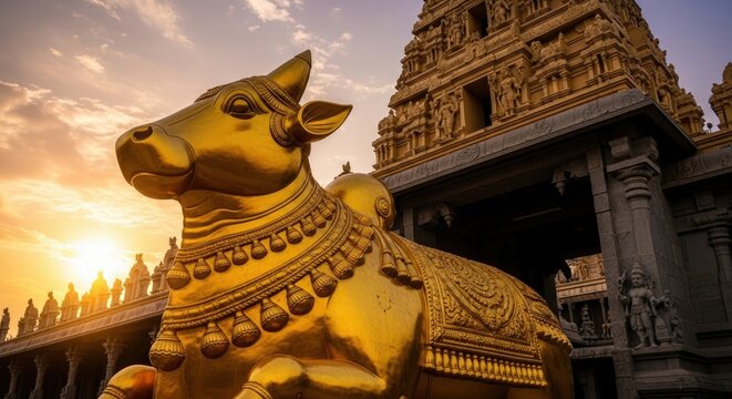 Majestic Golden Nandi Bull Statue at Sunrise, Temple Entrance, India