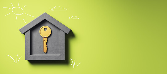 Real estate concept with house-shaped icon and gold key symbol on clean green gradient background,...