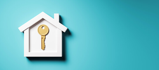 House icon with golden key symbolizing real estate, mortgage, or property sale on blue background,...