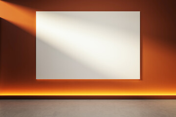 Horizontal blank canvas mockup on orange wall with spotlight and underglow in modern interior room...