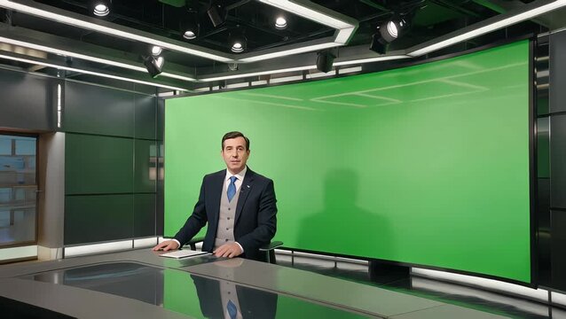 a male news anchor in a modern television studio with a large green screen