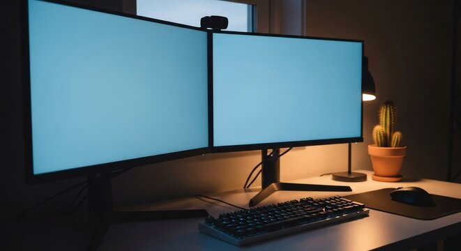 Modern workstation setup with dual monitors keyboard and ambient lighting showcasing productivity