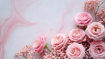 Elegant Pink Roses and Baby's Breath on Marble Background