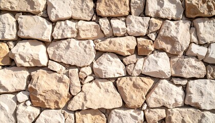 Natural stone wall texture background. Rustic beige and cream colored rock masonry construction detail.