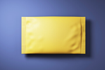 Yellow packaging pouch mockup on clean blue background for branding and product presentation, ideal for food or medicine advertising design. 3D Rendering