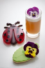 Colorful ladybug cookie and pastry with edible flowers beside drink  