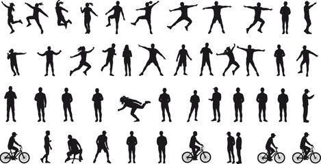 Large collection of diverse human silhouettes, showcasing various active and static poses including jumping, running, cycling, standing, and more, ideal for dynamic design projects.