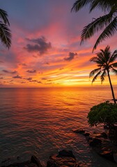 Fototapeta premium Beautiful Tropical Sunset with Vibrant Orange Pink Sky Over Calm Ocean with Silhouetted Palm Trees