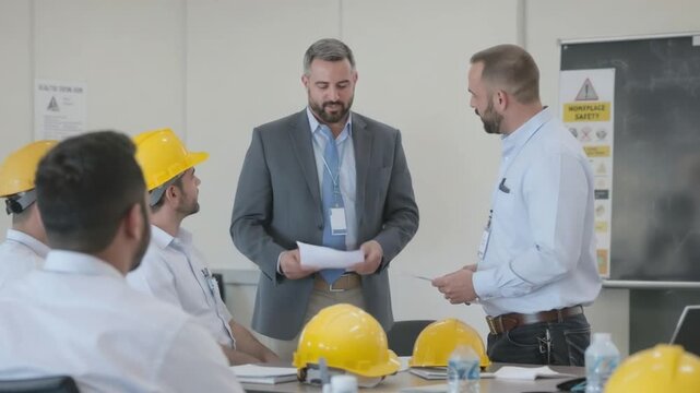 A male manager in a suit leads a safety briefing for a group of industrial workers wearing yellow hard hats in a conference room.