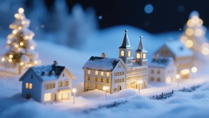 Miniature Village Scene with Snow and Festive Lights