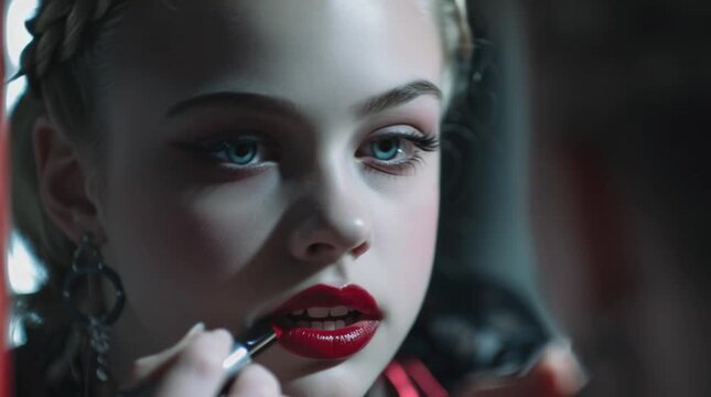 Close up of a woman applying red lipstick in a mirror with a dark and moody atmosphere present here